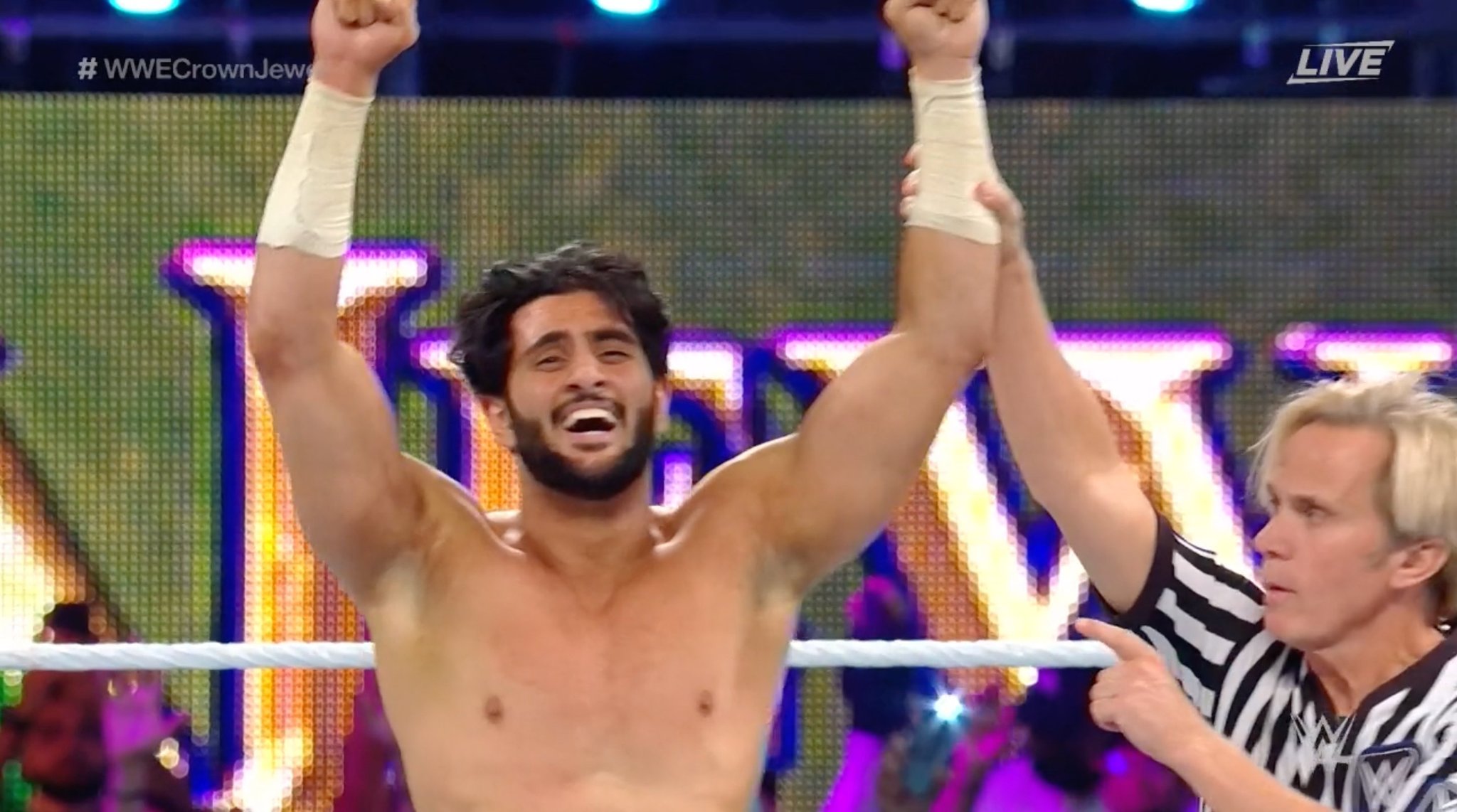 Mansoor Defeats Mustafa Ali At Wwe Crown Jewel Olympic Athlete Comes