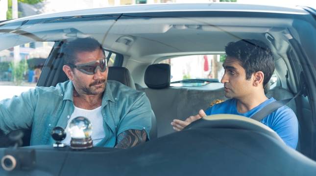 Dave Bautista as Vic and Kumail Nanjiani as Stu in “Stuber.”