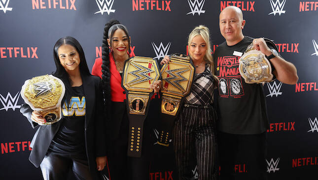 WWE Netflix Lunch and Learn - Netflix Executives Bela Bajaria, Brandon Riegg, Liv Morgan, and Bianca Belair