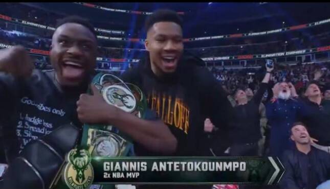 Giannis Antetokounmpo at WWE Elimination Chamber 2026.