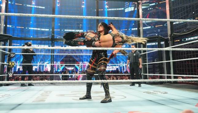 Raquel Rodriguez at WWE Elimination Chamber 2026 - Raquel Rodriguez slams opponent.JPG