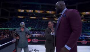 Rey Mysterio, Dorian Roldan, and Omos on 7/11 AAA show.