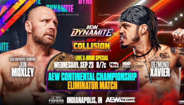 AEW Dynamite + Collision promotional graphic feat. Jon Moxley and Dezmond Xavier.