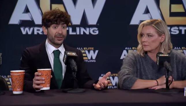 Tony Khan and Renee Paquette at AEW All Out Media Scrum.